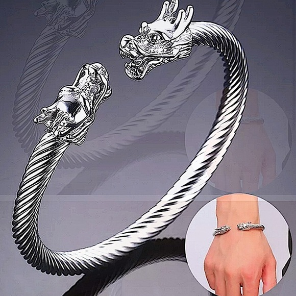 Silver Double Headed Dragon Twisted Bangle Cuff Unisex Bangle Bracelet - Picture 3 of 8